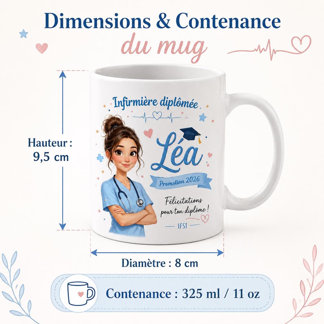 Mug infirmière diplômée personnalisé, cadeau réussite diplôme IFSI, tasse prénom nouvelle infirmière ou collègue