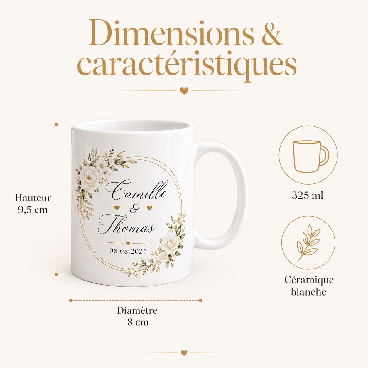 Mug personnalisé mariage avec deux prénoms et date, tasse couple en céramique, cadeau mariage, souvenir romantique