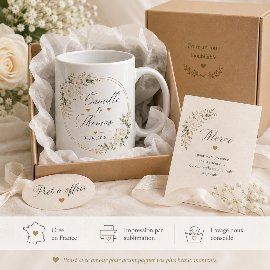 Mug personnalisé mariage avec deux prénoms et date, tasse couple en céramique, cadeau mariage, souvenir romantique