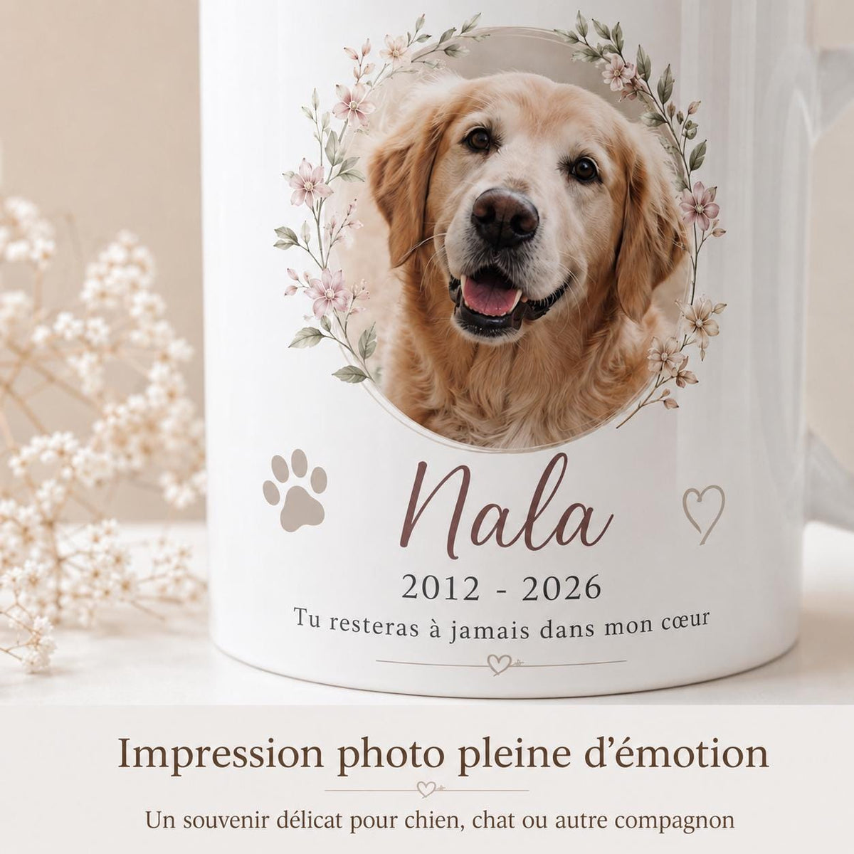 Mug souvenir animal personnalisé avec photo, hommage chien ou chat décédé, tasse mémorial prénom et dates
