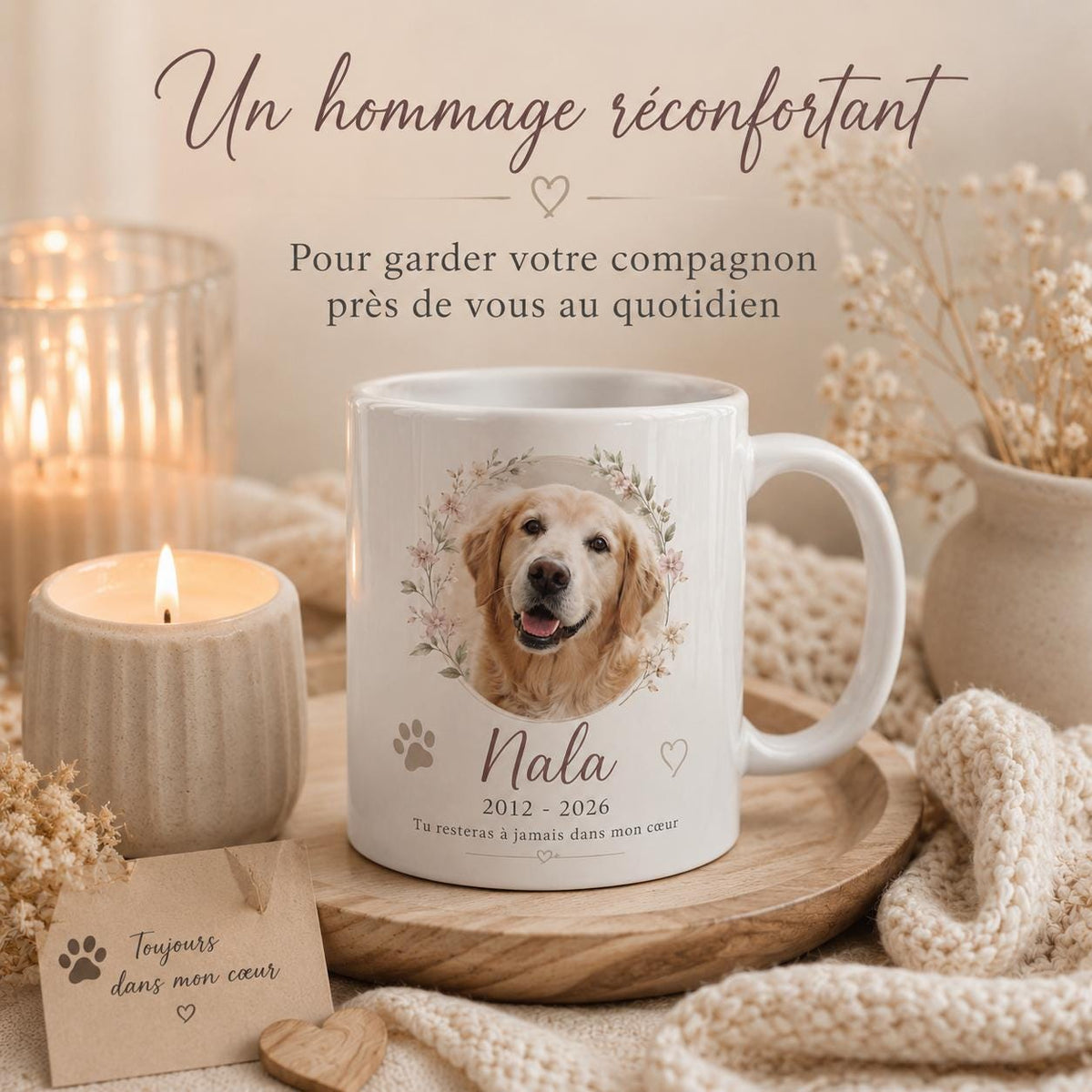 Mug souvenir animal personnalisé avec photo, hommage chien ou chat décédé, tasse mémorial prénom et dates