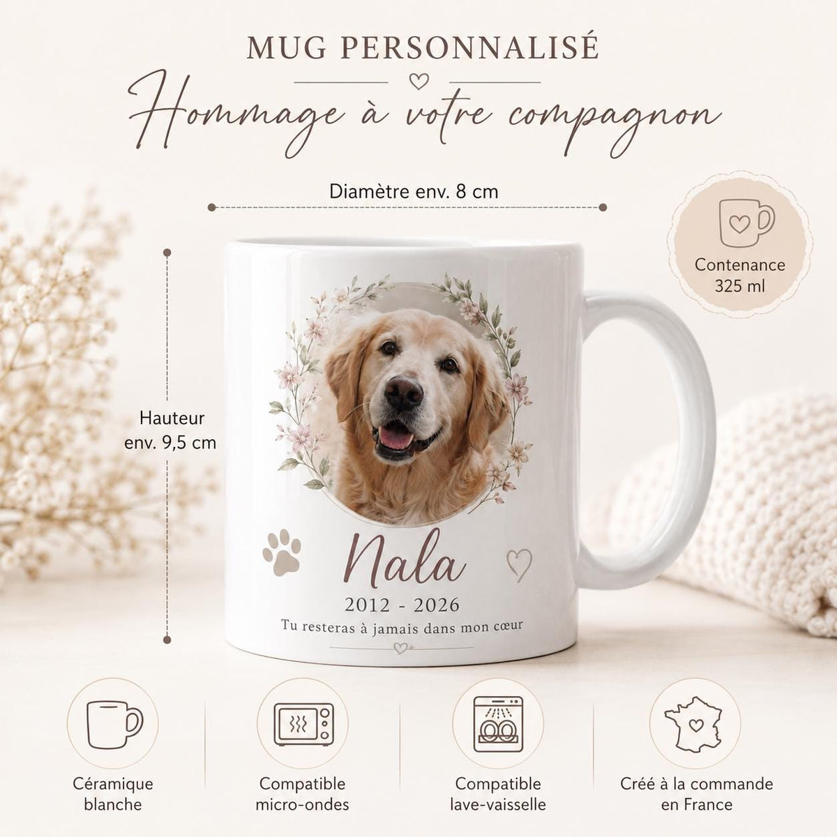 Mug souvenir animal personnalisé avec photo, hommage chien ou chat décédé, tasse mémorial prénom et dates