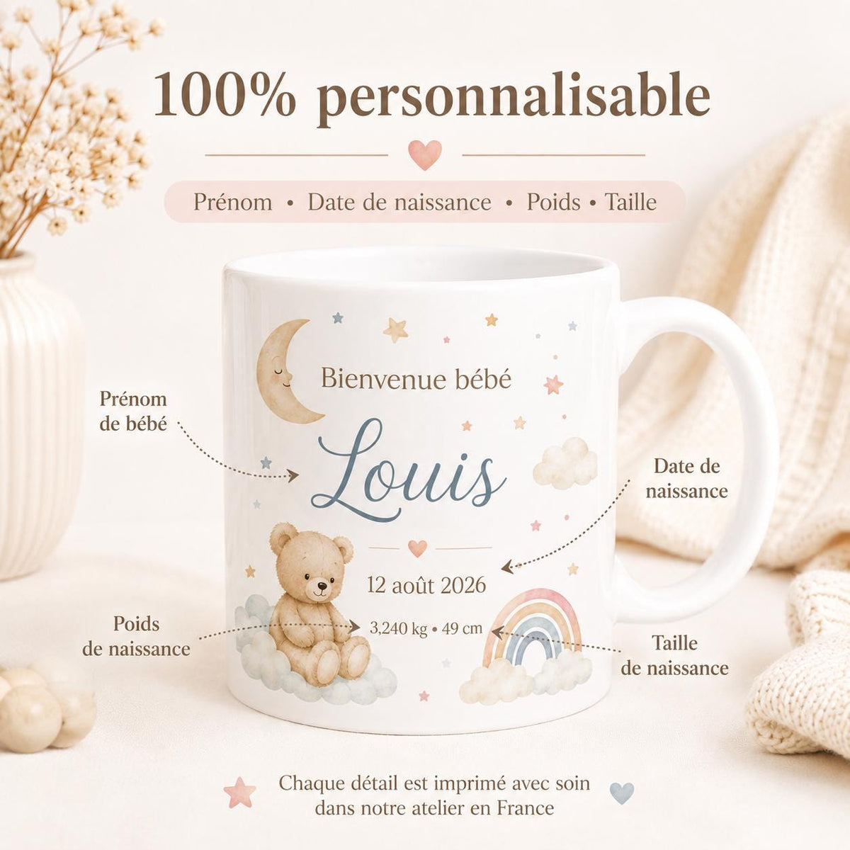Mug Naissance Personnalisé Bébé avec Prénom, Date, Poids et Taille – Cadeau Naissance Original – Tasse Souvenir Bébé