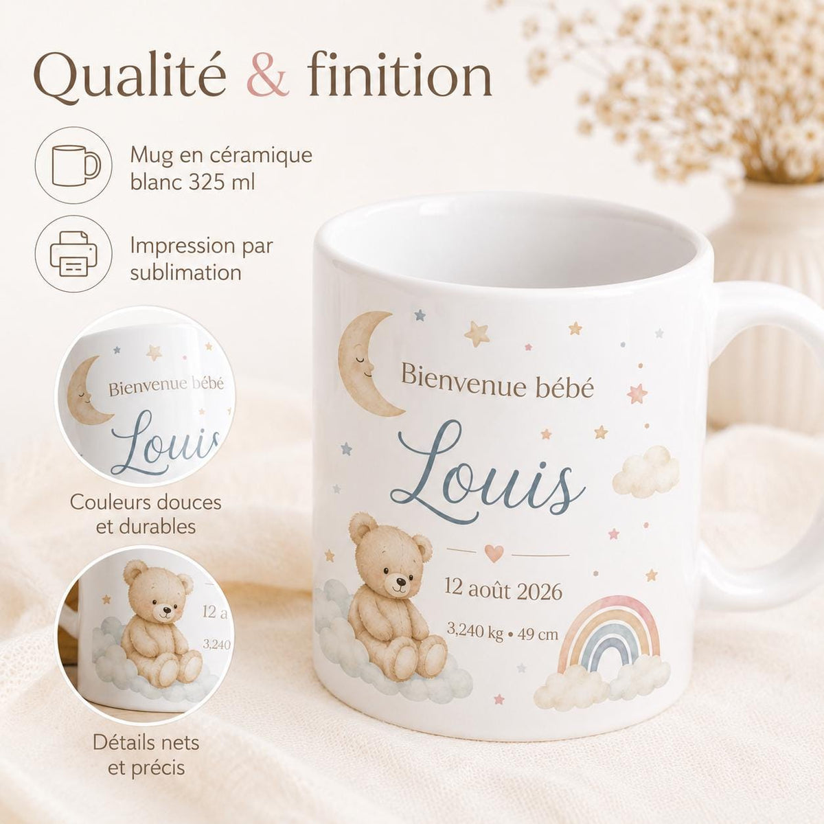 Mug Naissance Personnalisé Bébé avec Prénom, Date, Poids et Taille – Cadeau Naissance Original – Tasse Souvenir Bébé
