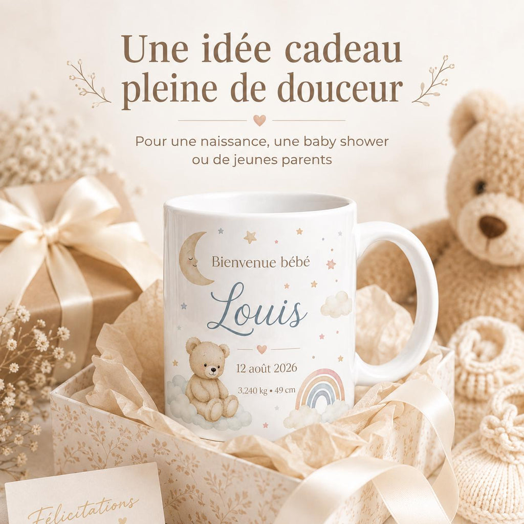 Mug Naissance Personnalisé Bébé avec Prénom, Date, Poids et Taille – Cadeau Naissance Original – Tasse Souvenir Bébé