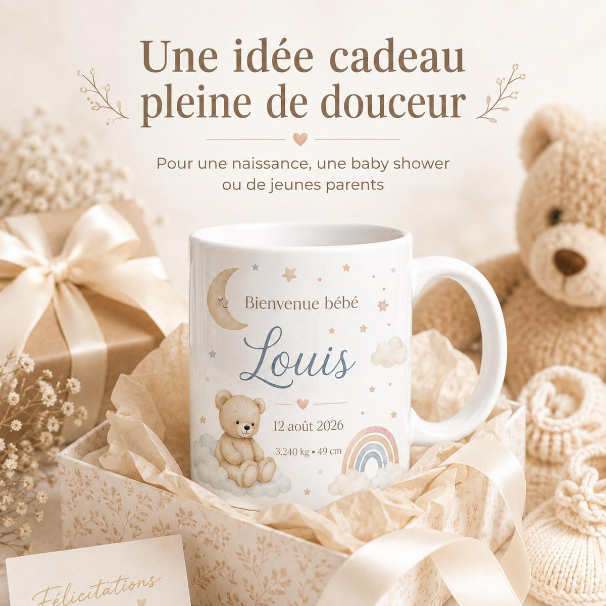 Mug Naissance Personnalisé Bébé avec Prénom, Date, Poids et Taille – Cadeau Naissance Original – Tasse Souvenir Bébé