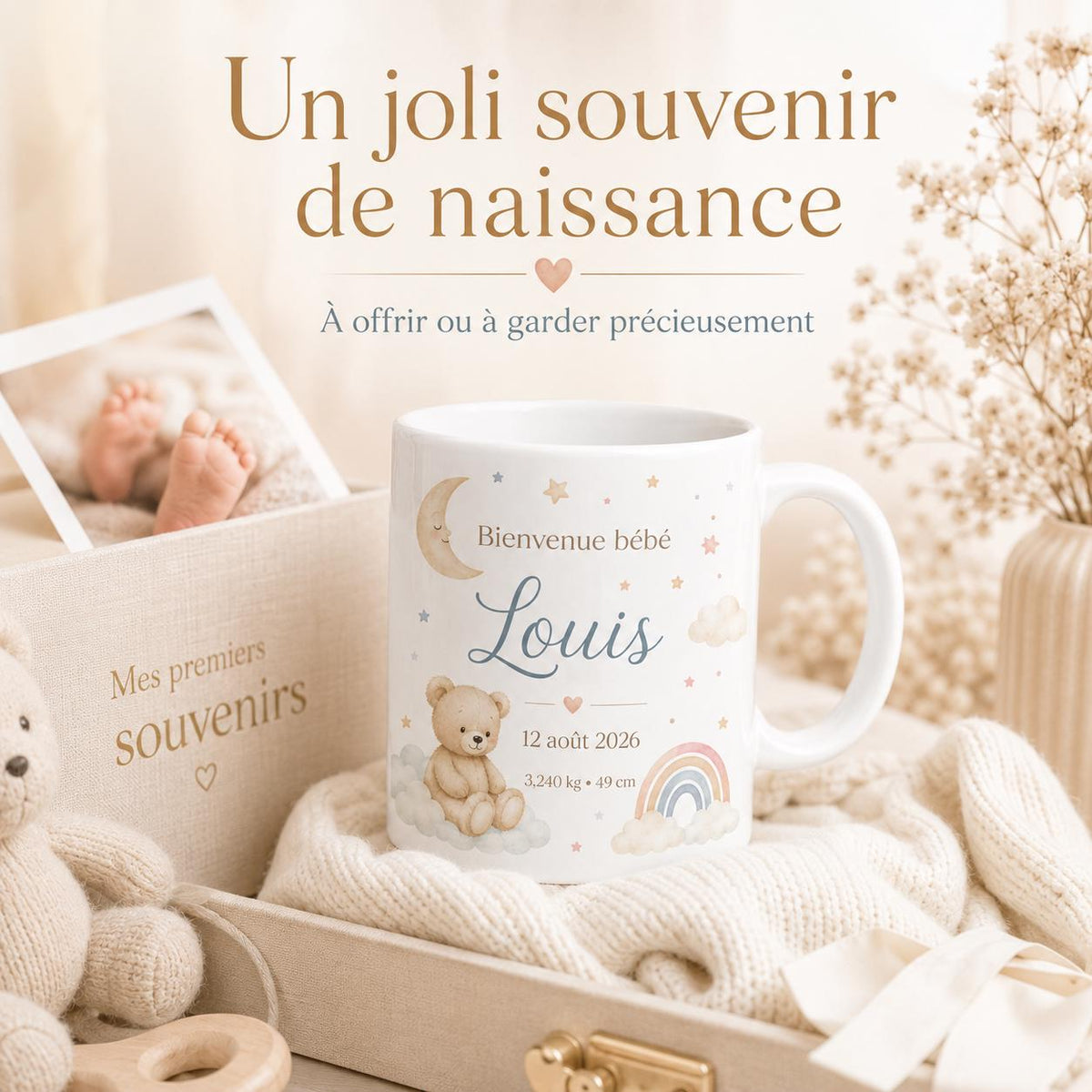 Mug Naissance Personnalisé Bébé avec Prénom, Date, Poids et Taille – Cadeau Naissance Original – Tasse Souvenir Bébé