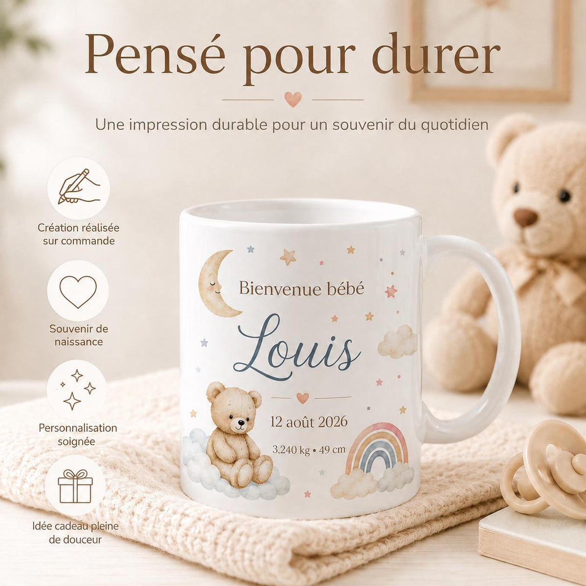 Mug Naissance Personnalisé Bébé avec Prénom, Date, Poids et Taille – Cadeau Naissance Original – Tasse Souvenir Bébé