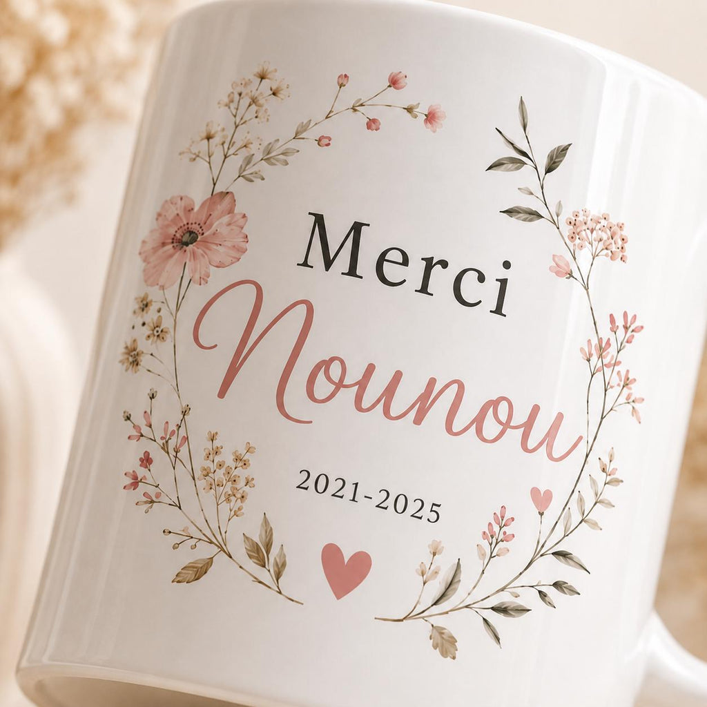 Mug nounou personnalisé avec dates de garde – Souvenir fin de contrat