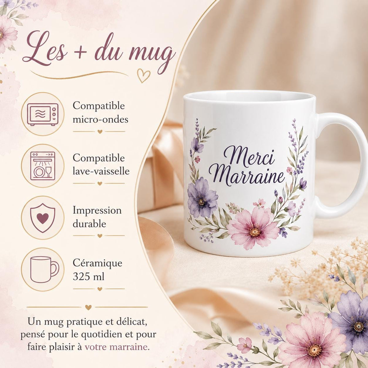 Mug merci marraine personnalisé – Cadeau avec prénom de l’enfant