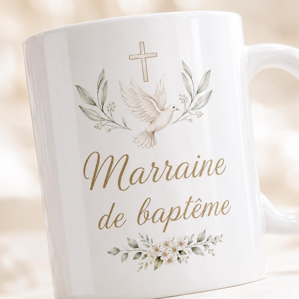 Mug marraine baptême personnalisé – Cadeau avec prénom et date