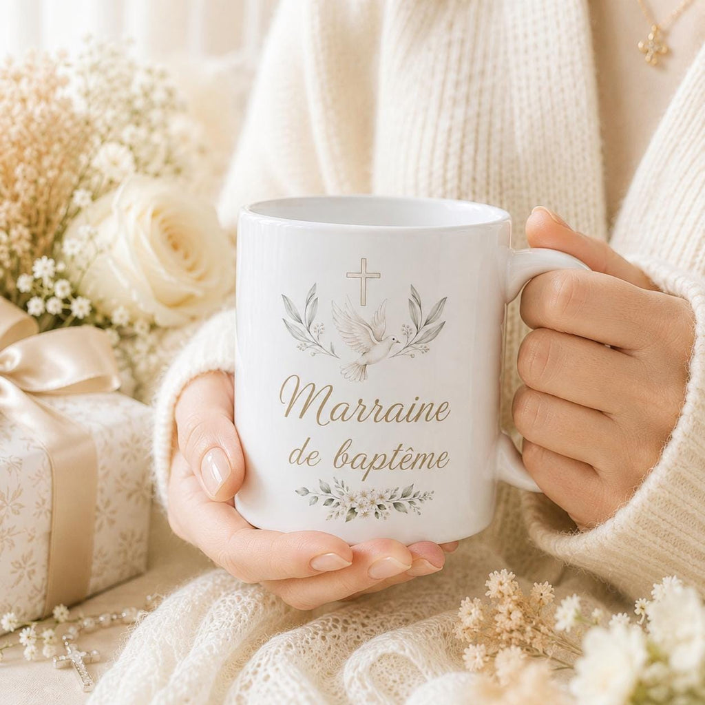 Mug marraine baptême personnalisé – Cadeau avec prénom et date