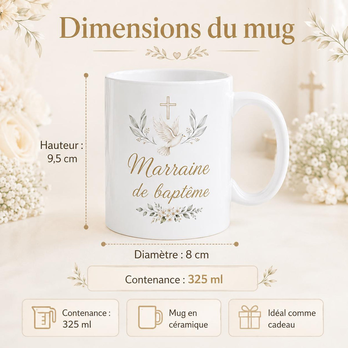 Mug marraine baptême personnalisé – Cadeau avec prénom et date
