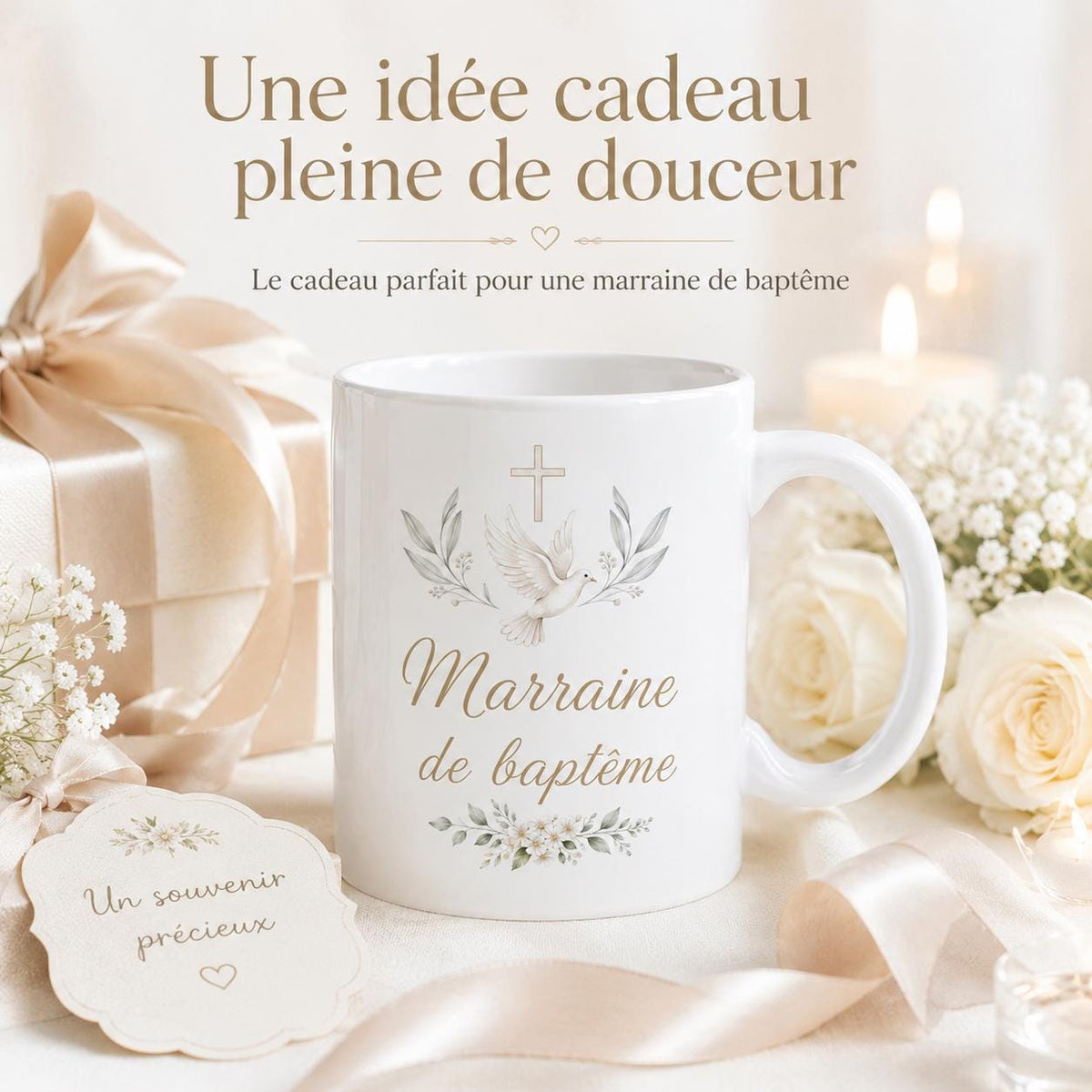 Mug marraine baptême personnalisé – Cadeau avec prénom et date