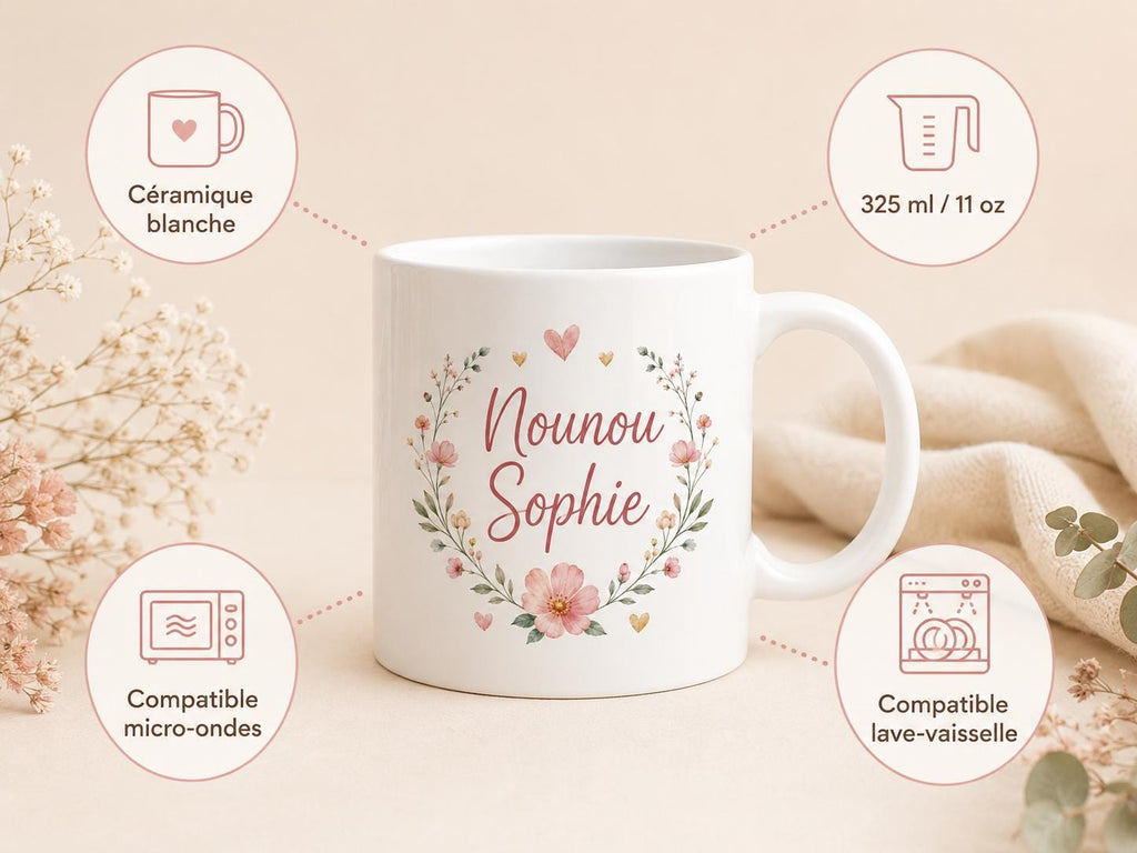 Mug nounou personnalisé avec prénom – Tasse cadeau assistante maternelle
