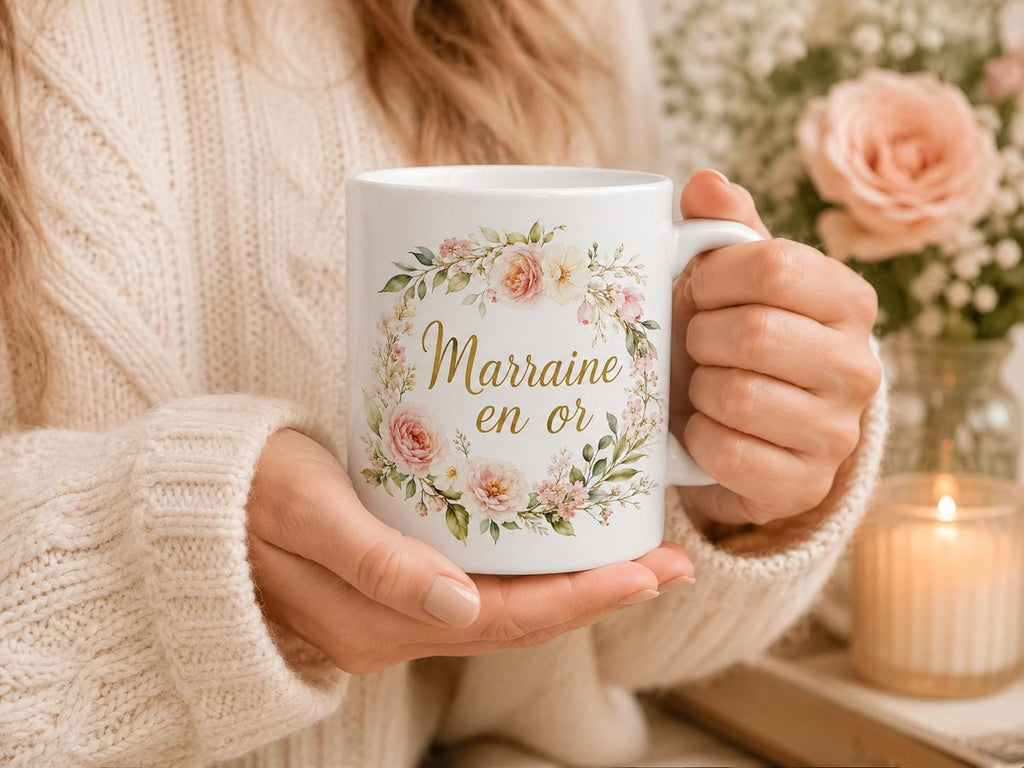 Mug marraine personnalisé avec prénom – Cadeau marraine fleuri