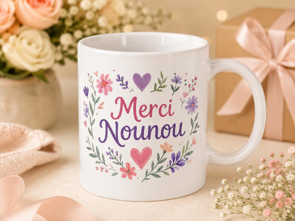 Mug merci nounou personnalisé – Cadeau fin de contrat avec prénom