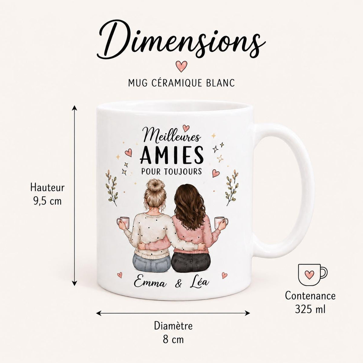 Mug meilleure amie personnalisé – Prénoms et avatars, cadeau amitié pour bestie