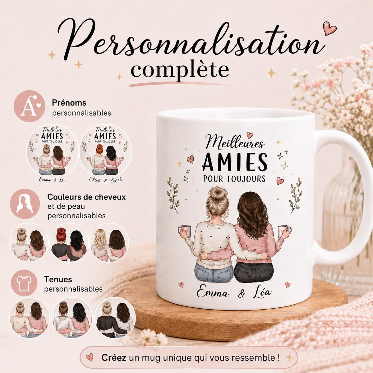 Mug meilleure amie personnalisé – Prénoms et avatars, cadeau amitié pour bestie