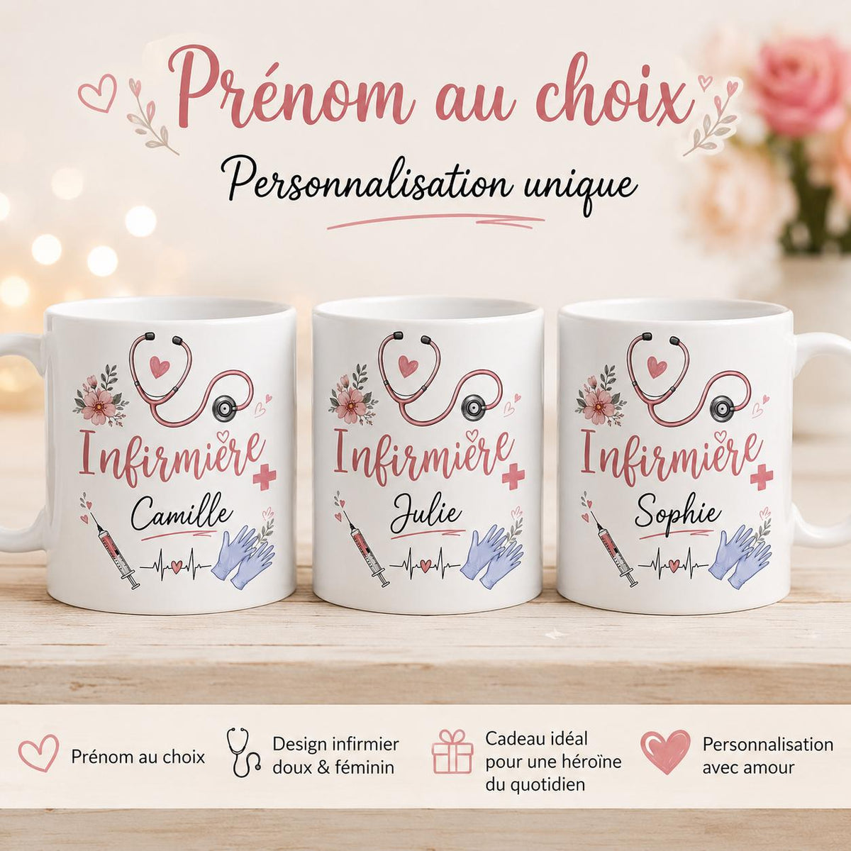 Mug infirmière personnalisé avec prénom et avatar – Cadeau infirmière, tasse soignante