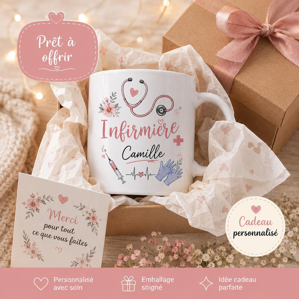 Mug infirmière personnalisé avec prénom et avatar – Cadeau infirmière, tasse soignante