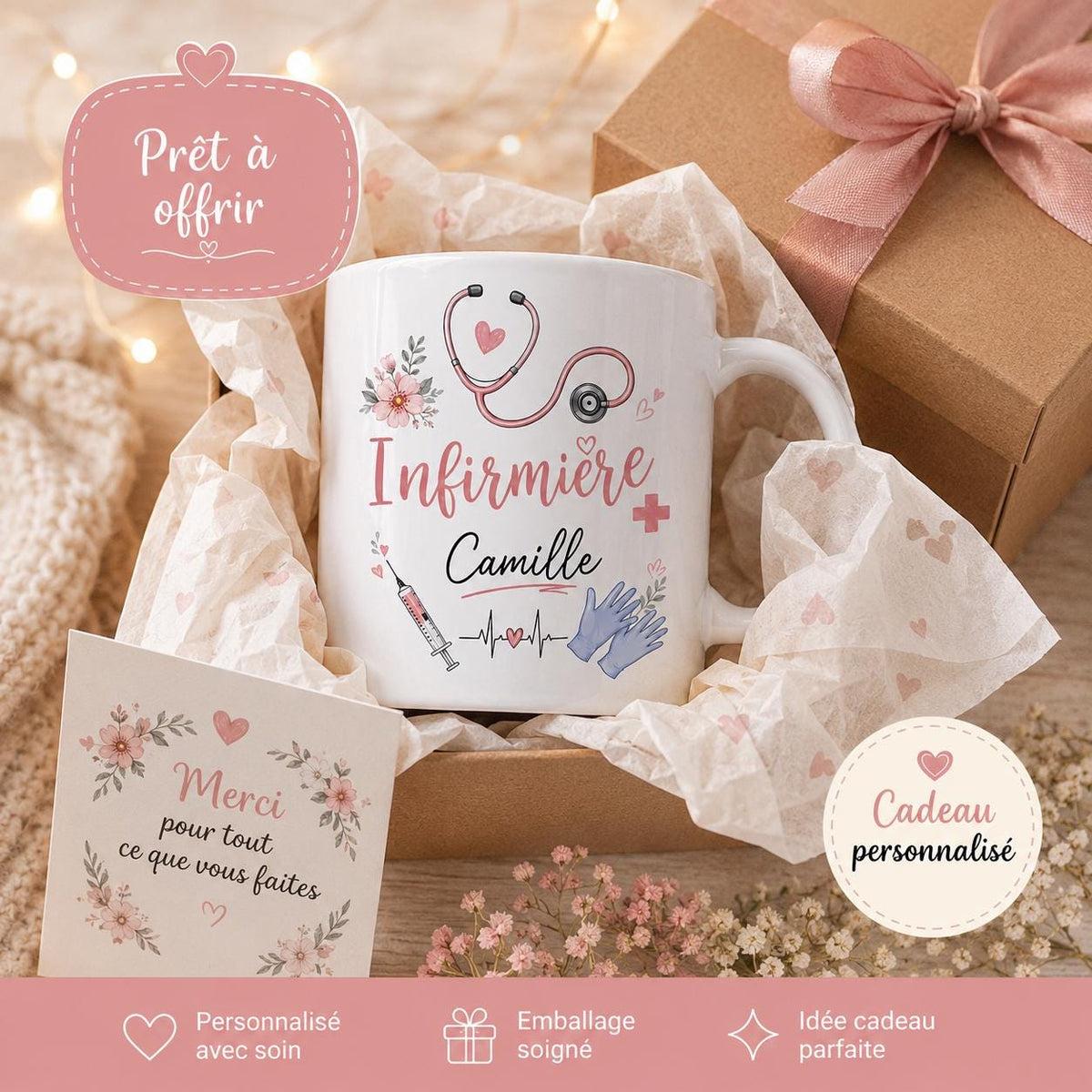 Mug infirmière personnalisé avec prénom et avatar – Cadeau infirmière, tasse soignante