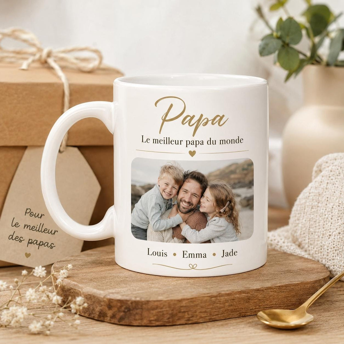 Mug personnalisé Papa, Papi ou Grand-Père avec photo et prénoms – Cadeau famille personnalisé
