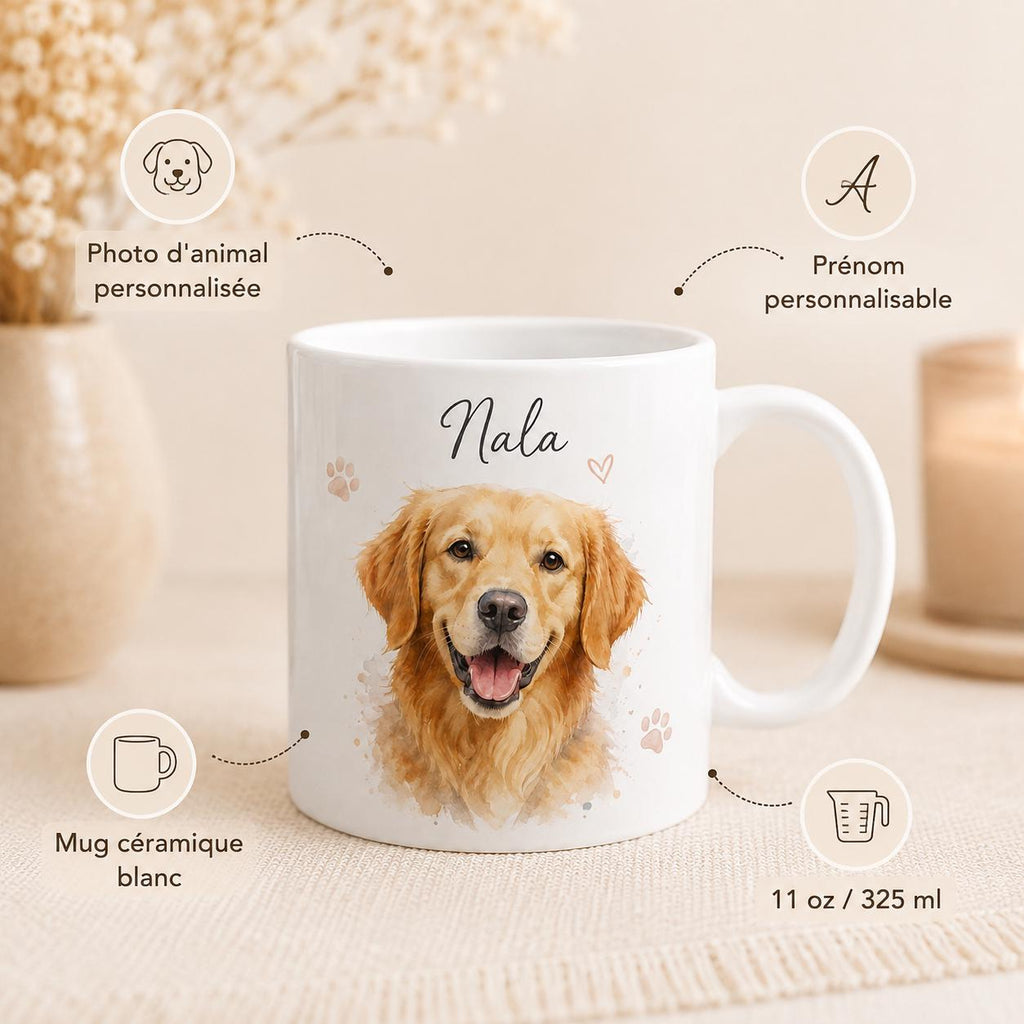 Mug personnalisé animal avec photo et prénom – Portrait chien ou chat, cadeau animaux