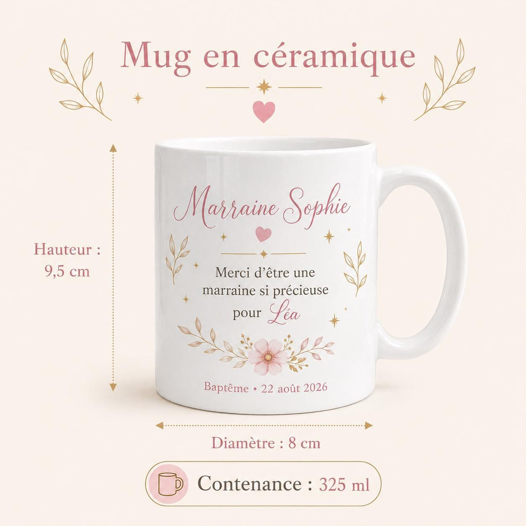 Mug Marraine Baptême Personnalisé avec Prénom du Filleul et Date, Cadeau Marraine Original et Souvenir