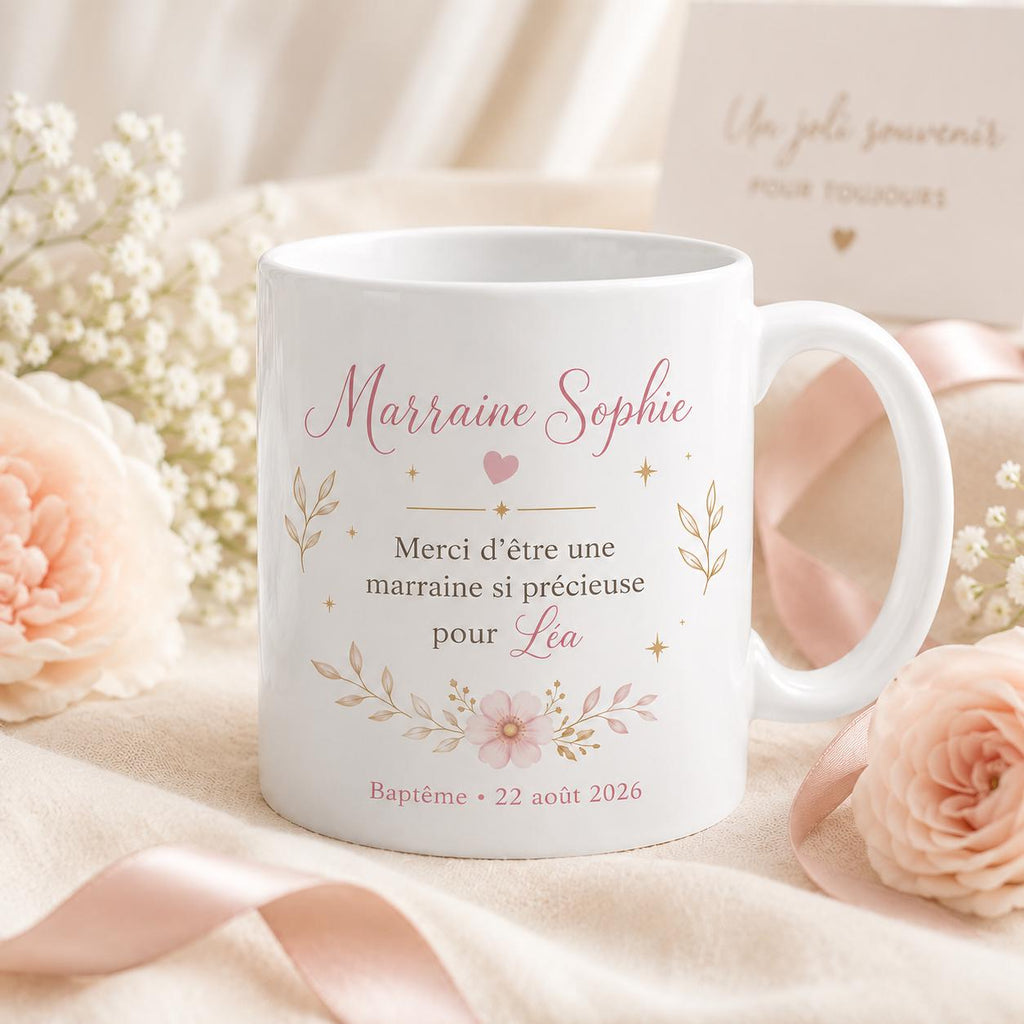 Mug Marraine Baptême Personnalisé avec Prénom du Filleul et Date, Cadeau Marraine Original et Souvenir