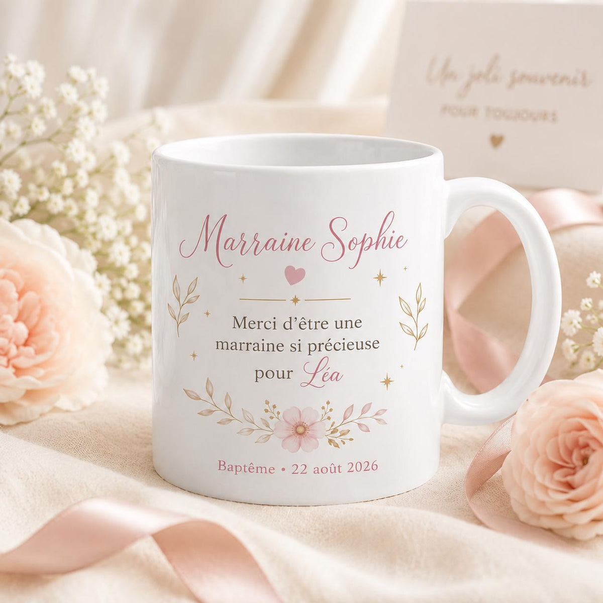 Mug Marraine Baptême Personnalisé avec Prénom du Filleul et Date, Cadeau Marraine Original et Souvenir