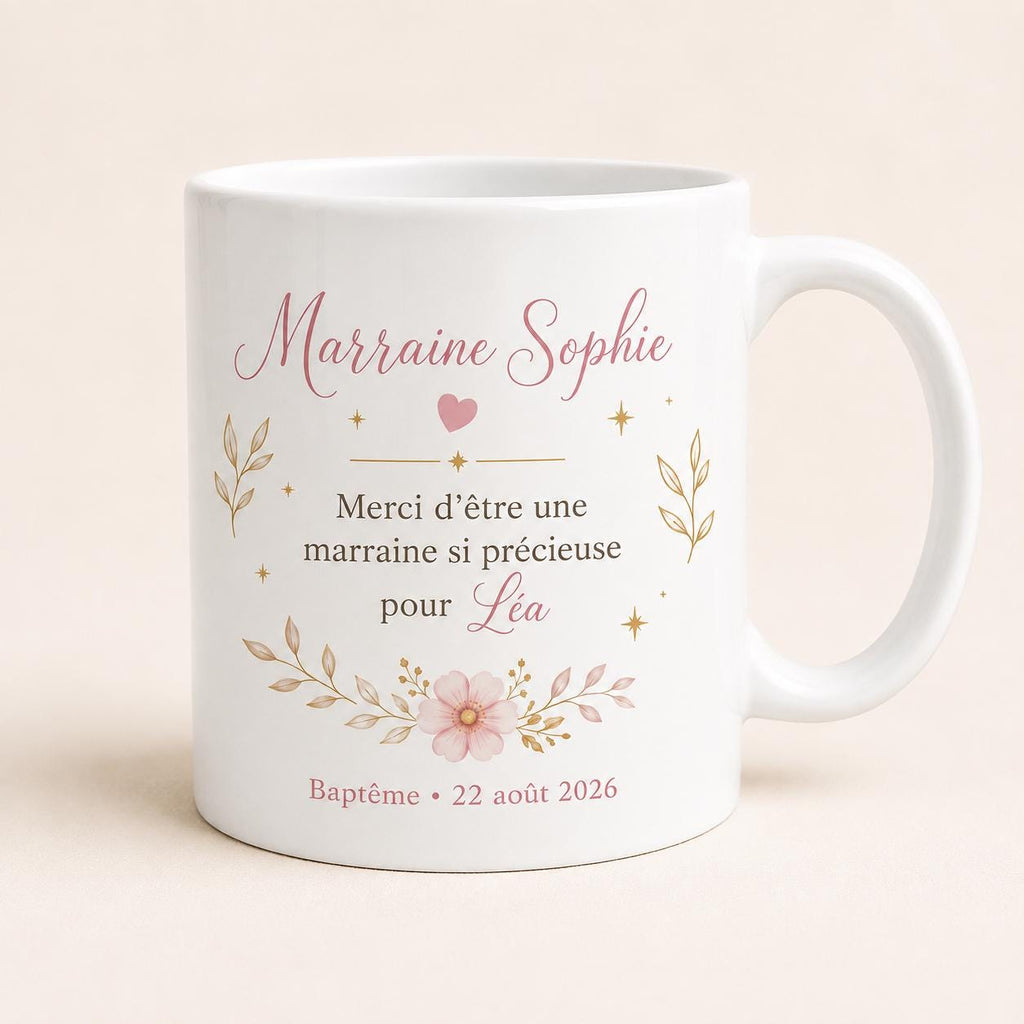 Mug Marraine Baptême Personnalisé avec Prénom du Filleul et Date, Cadeau Marraine Original et Souvenir