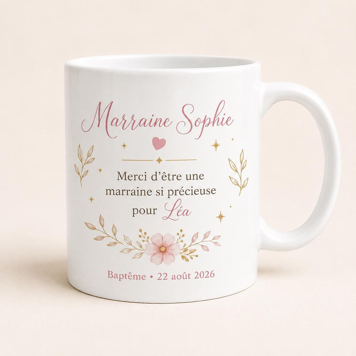 Mug Marraine Baptême Personnalisé avec Prénom du Filleul et Date, Cadeau Marraine Original et Souvenir