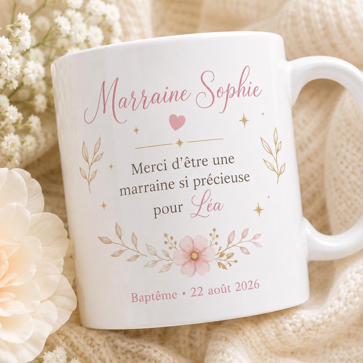 Mug Marraine Baptême Personnalisé avec Prénom du Filleul et Date, Cadeau Marraine Original et Souvenir