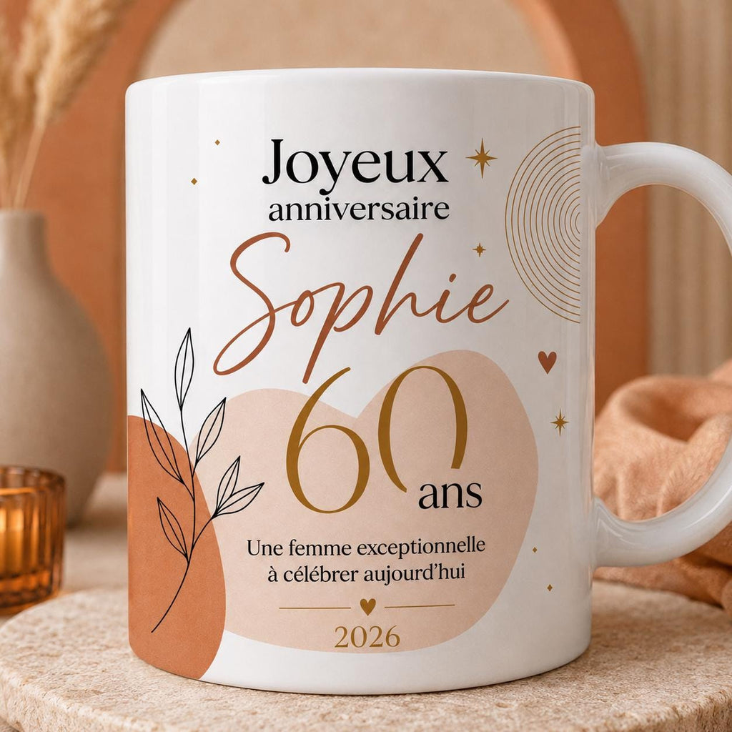 Mug Femme 60 Ans Personnalisé avec Prénom, Cadeau Anniversaire Femme Original, Tasse Fleurie 60 Ans
