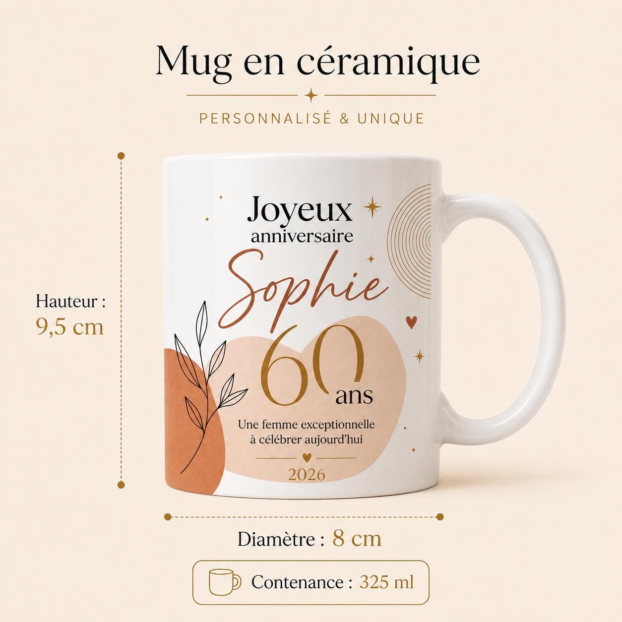 Mug Femme 60 Ans Personnalisé avec Prénom, Cadeau Anniversaire Femme Original, Tasse Fleurie 60 Ans