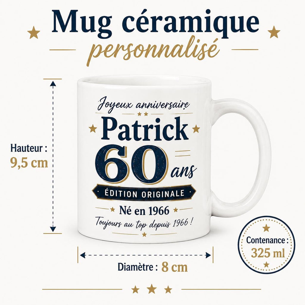 Mug Homme 60 Ans Personnalisé avec Prénom, Cadeau Anniversaire Homme Original, Tasse Humour 60 Ans