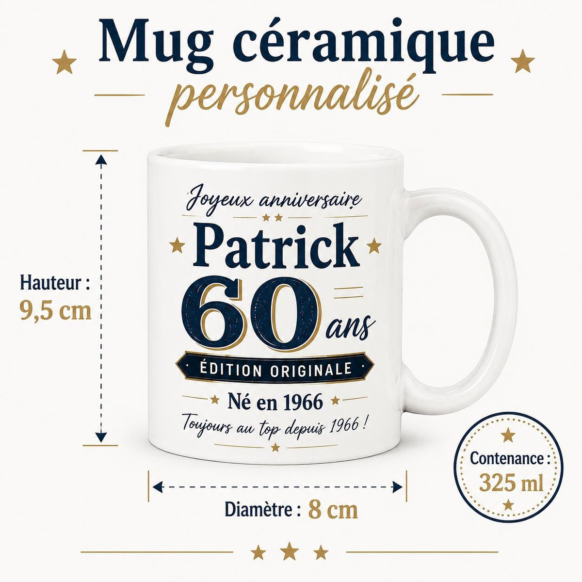 Mug Homme 60 Ans Personnalisé avec Prénom, Cadeau Anniversaire Homme Original, Tasse Humour 60 Ans