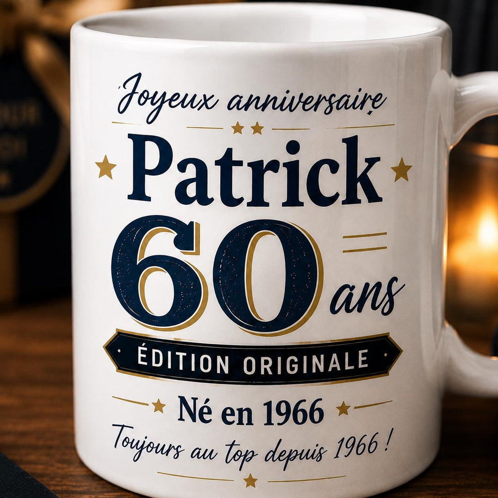 Mug Homme 60 Ans Personnalisé avec Prénom, Cadeau Anniversaire Homme Original, Tasse Humour 60 Ans