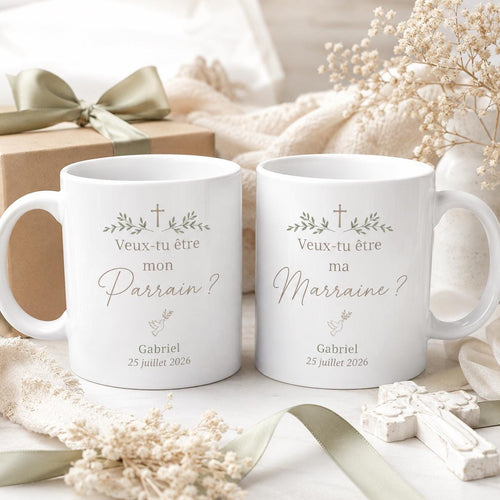 Duo Mug Demande Parrain Marraine Personnalisé, Veux-tu Être Mon Parrain Ma Marraine, Cadeau Baptême
