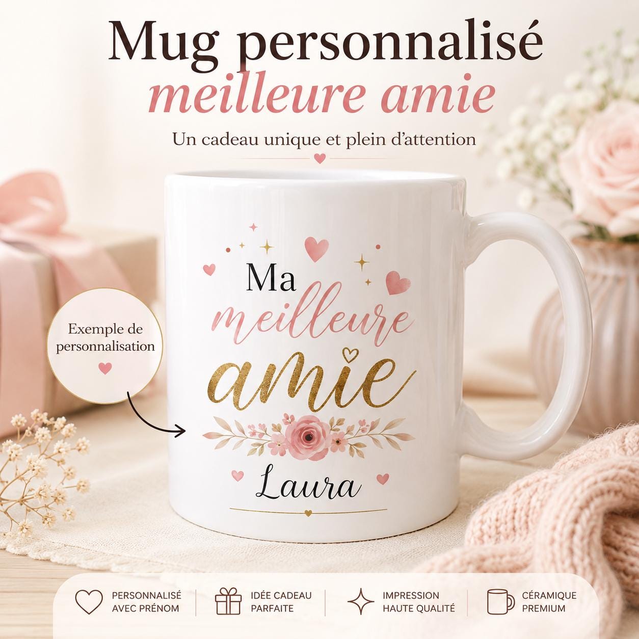 Mug Personnalisé Amie avec Prénom – Cadeau Meilleure Amie – Tasse Personnalisée Amitié – Cadeau Anniversaire Femme Bestie