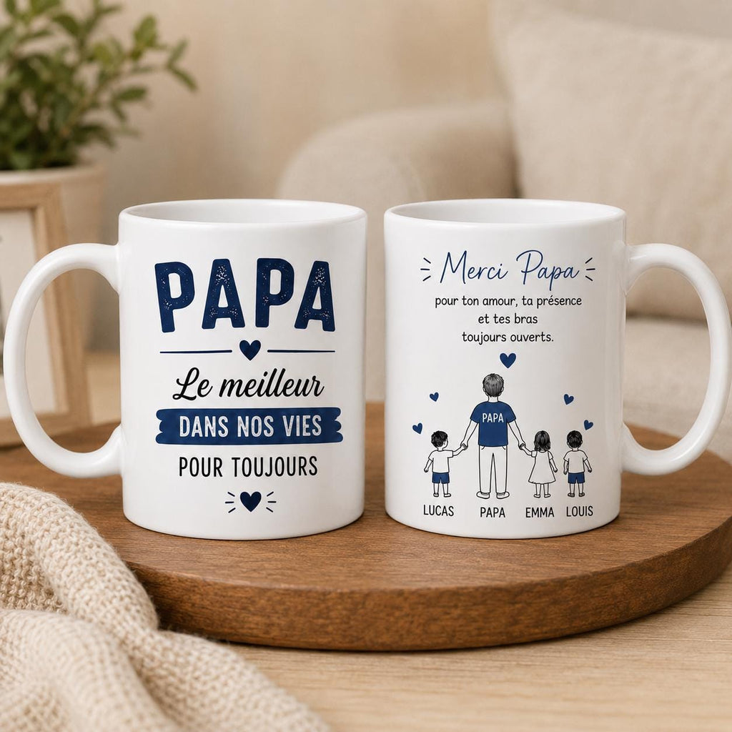 Mug Personnalisé Papa avec Prénoms Enfants – Tasse Papa 1 à 4 Enfants – Texte Personnalisable au Dos Cadeau Papa Anniversaire Fête des Pères