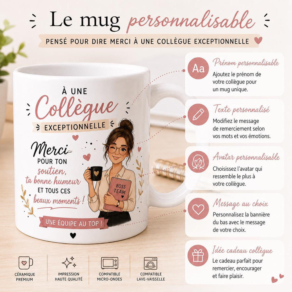 Mug Personnalisé Collègue Femme – Cadeau Départ Collègue – Tasse Collègue Exceptionnelle – Message Personnalisé au Dos – Cadeau Équipe