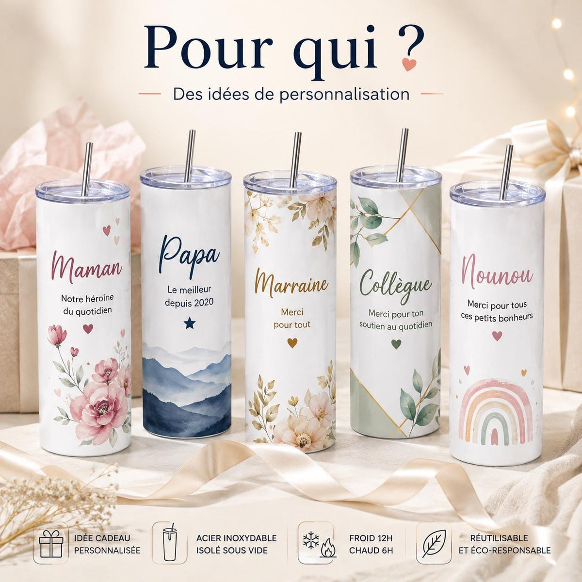 Gourde Personnalisée Adulte avec Prénom | Bouteille Personnalisée | Cadeau Femme Homme | Gourde Travail Sport