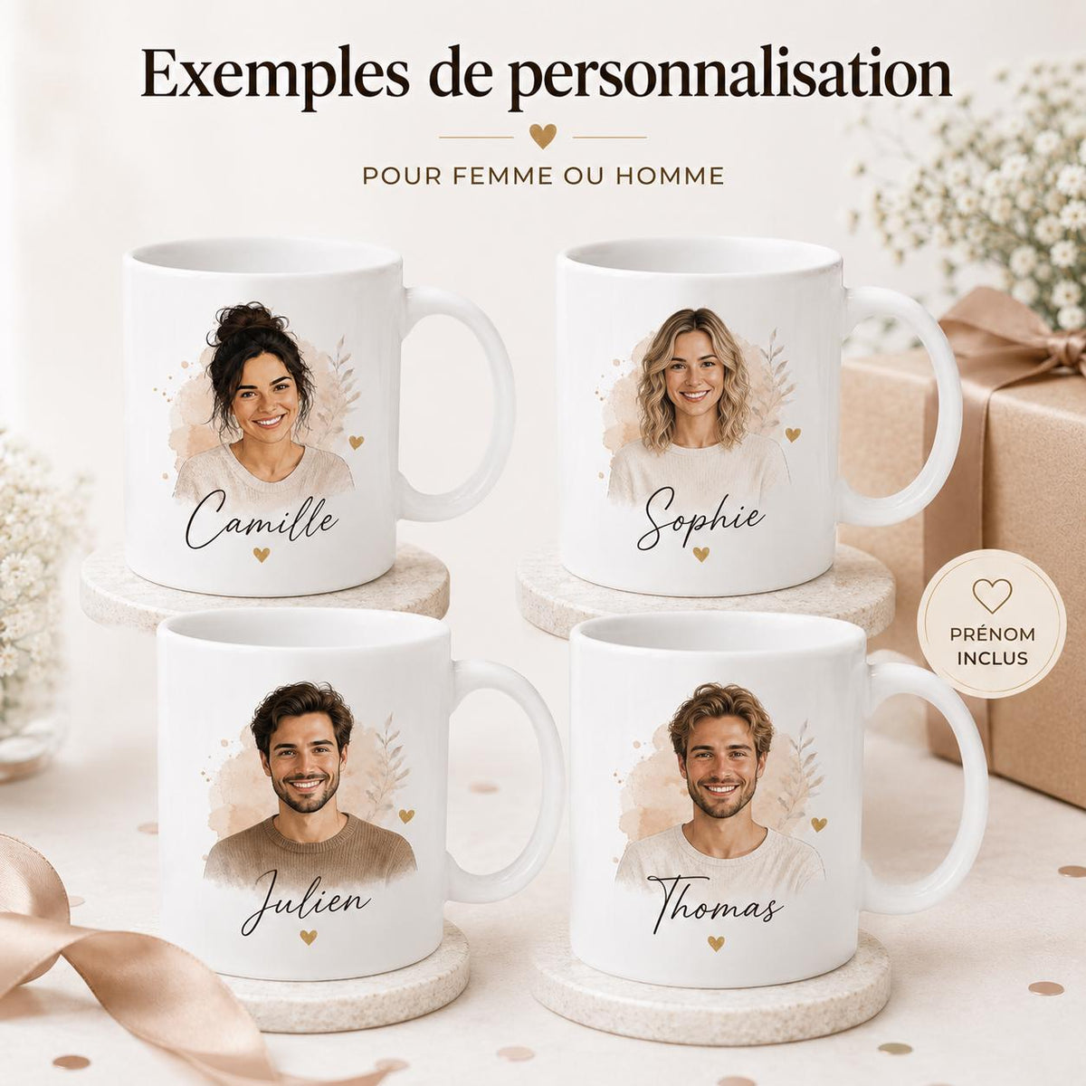 Mug personnalisé prénom et photo – Tasse avatar sur mesure – Cadeau original femme homme anniversaire
