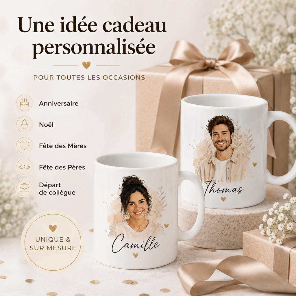 Mug personnalisé prénom et photo – Tasse avatar sur mesure – Cadeau original femme homme anniversaire