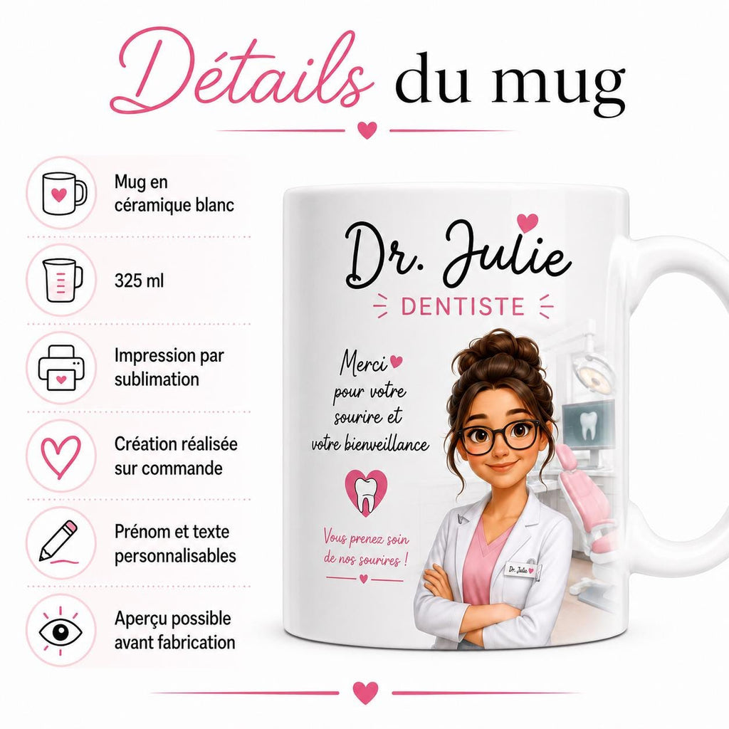 Mug Dentiste Personnalisé avec Prénom, Cadeau Merci Dentiste, Tasse Métier Cabinet Dentaire