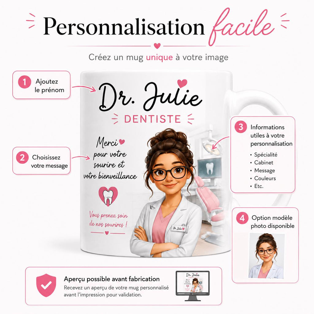Mug Dentiste Personnalisé avec Prénom, Cadeau Merci Dentiste, Tasse Métier Cabinet Dentaire