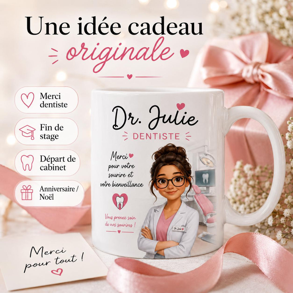 Mug Dentiste Personnalisé avec Prénom, Cadeau Merci Dentiste, Tasse Métier Cabinet Dentaire