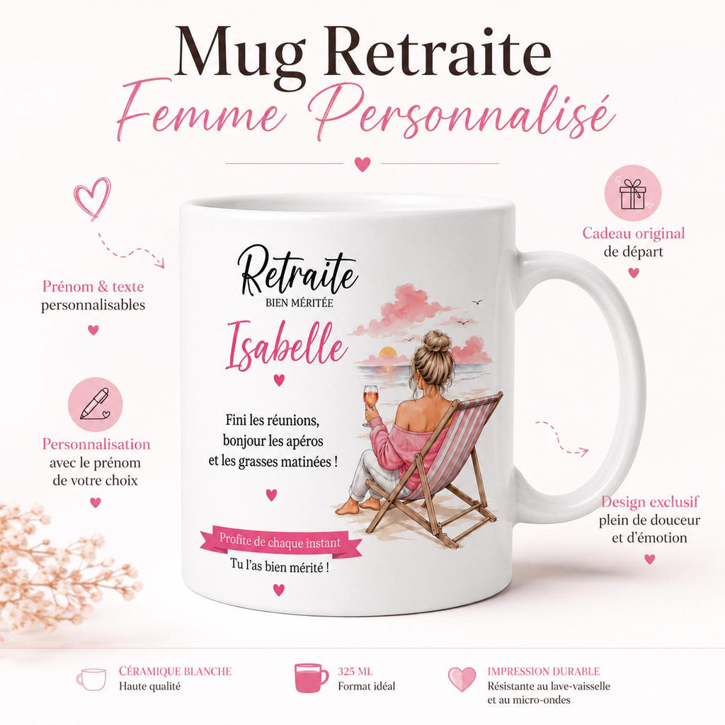Mug Retraite Femme Personnalisé avec Prénom, Cadeau Retraite Original, Tasse Départ Collègue